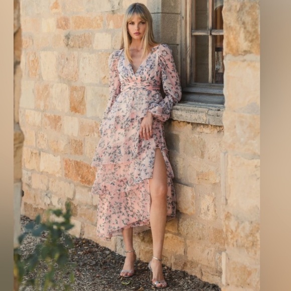 MAC DUGGALPink Puff Sleeve Floral Printed Dress